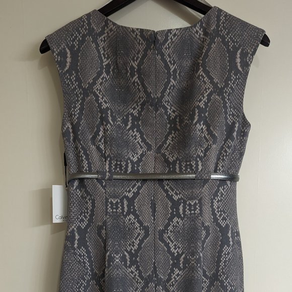 Calvin Klein Sheath Dress - Snakeskin Sleek Belt Silver Grey Fitted Slit Size 6 - Picture 9 of 15